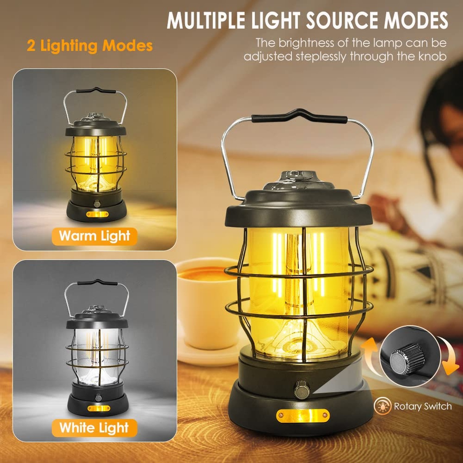 UniqueFire Retro Camping Lantern Rechargeable 1500LM 2 Modes Dimmable,Portabl...