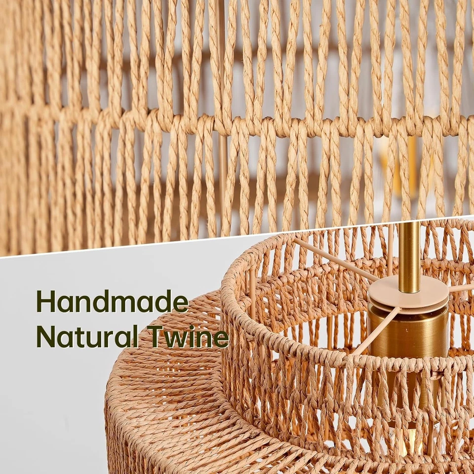 Lámpara colgante de ratán boho de 12,4", araña rústica tejida a mano para el hogar Foto 3 de 4