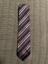 Brioni Navy Tie with Peach and Lavender Stripes 100 Silk