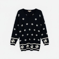 Vtg Liz Claiborne V-Neck Floral Knit Pullover Sweater Navy Fine Knit Ribbed L