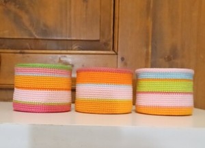Set of 3 Handmade Crochet Baskets In Multicolored Striped Cotton 3.5" x 3" High