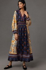 New Farm Rio Anthropologie Long-Sleeve V-Neck Printed Midi Dress Size M NWT