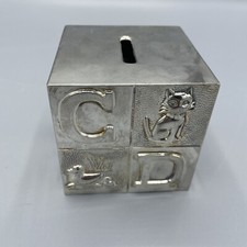 Vintage Silver Plated ABC Letter Block 3" Cube Baby Silver Plated Bank