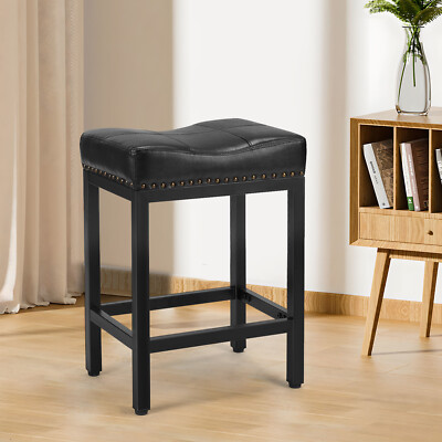 2pc Bar Stools Counter Height 24in Saddle Stools Metal Base & Footrest Kitchen