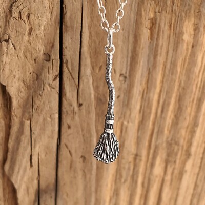 Sterling Silver Witches Broomstick Necklace Halloween Gothic Spooky Druid Pagan