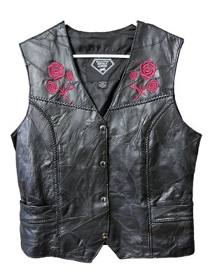 Diamond Plate Buffalo Leather Biker vest Womens Plus Size 2X Roses
