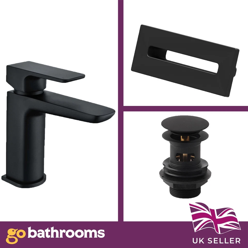 Matt Black Modern Basin Sink Mono INC Waste Rectangle Overflow Cover Zena