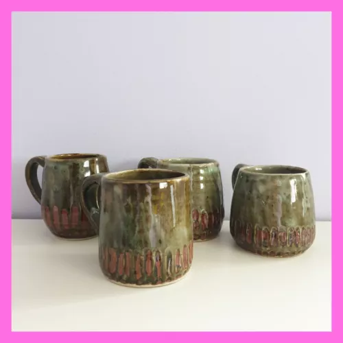 Art Pottery Studio Coffee Mugs Set Signed Green Brown Glaze Carved Set