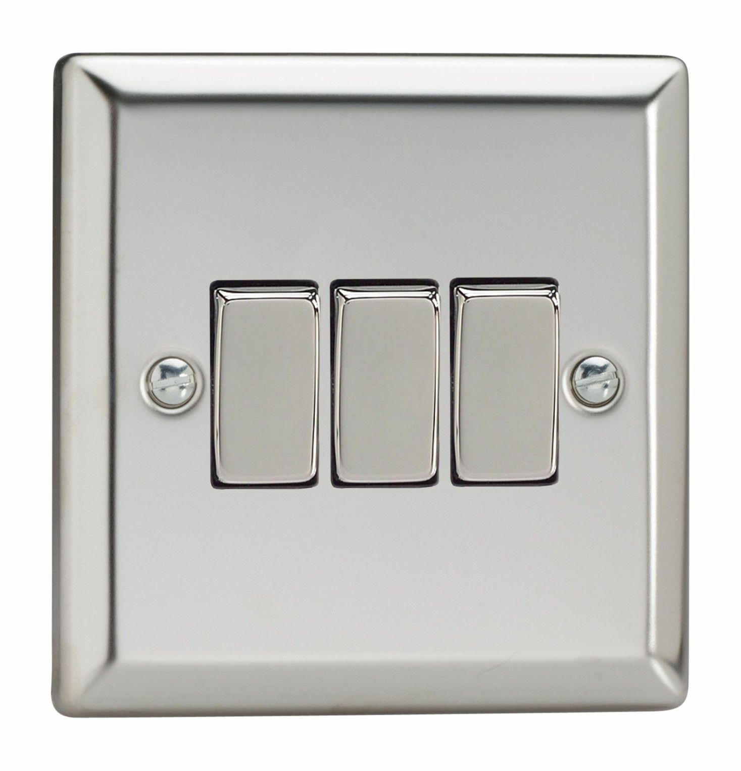 Varilight XC3D Classic Mirror Chrome 3 Gang 10A 1 or 2 Way Rocker Light Switch