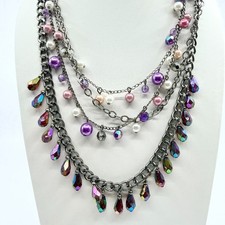 Y2K Multi Strand Layered Statement Necklace Purple Faux Pearl AB Crystal Charm