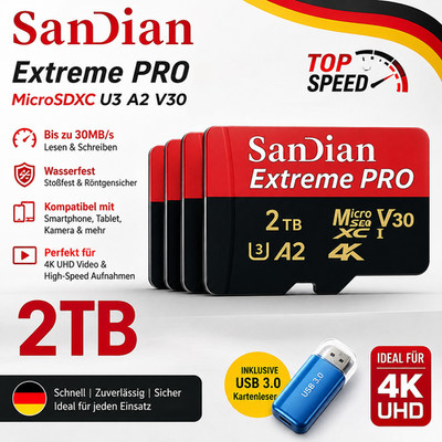 Micro SD Speicherkarte 128GB 256GB 512GB Class 10 U3 V30 TF Karte mit Adapter