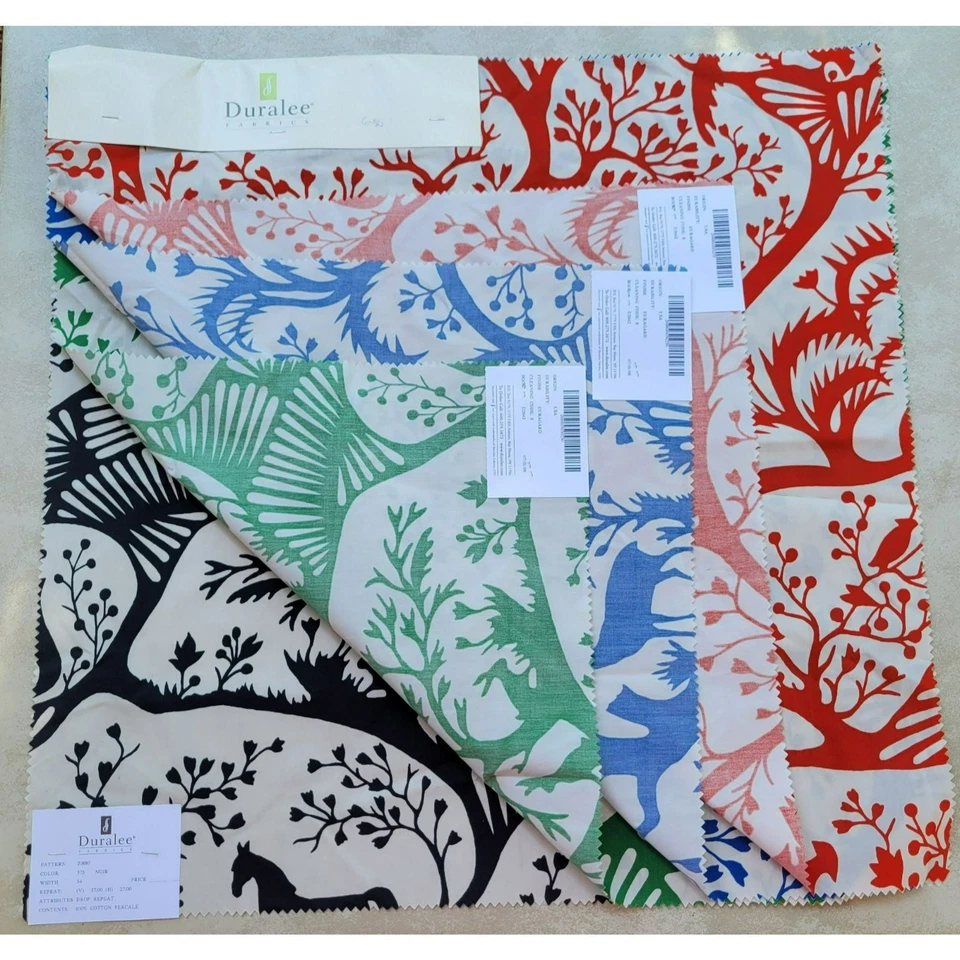 Duralee Fabric Samples 4pc 25"x25" Birds Horses Deer Trees Red Black Green Blue - Image 2 of 4