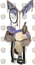 Hand-Tooled Western  Floral Leather Horse Saddle with Purple Seat  Breast Collar
