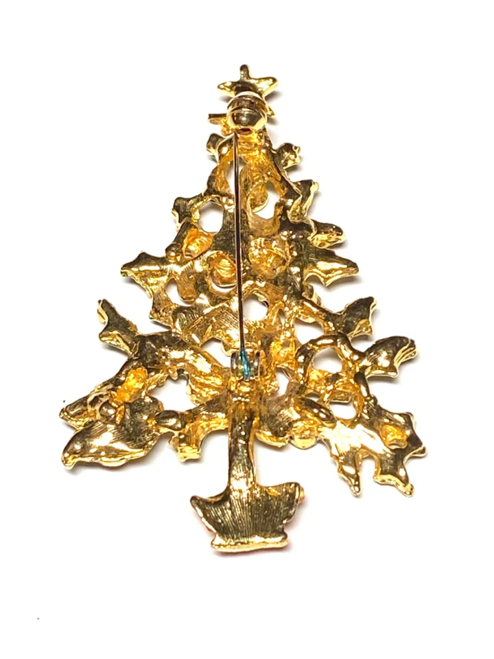 Broche prendedor vintage de árbol rojo y verde tono dorado de Navidad Foto 2 de 2