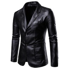 Mens Wedding Formal Dress Blazer Leather Jacket Coat Business Slim Fit Casual