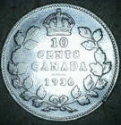 1936 Canadian 80% Silver 10 Cents King George V Circulated Canada Dime