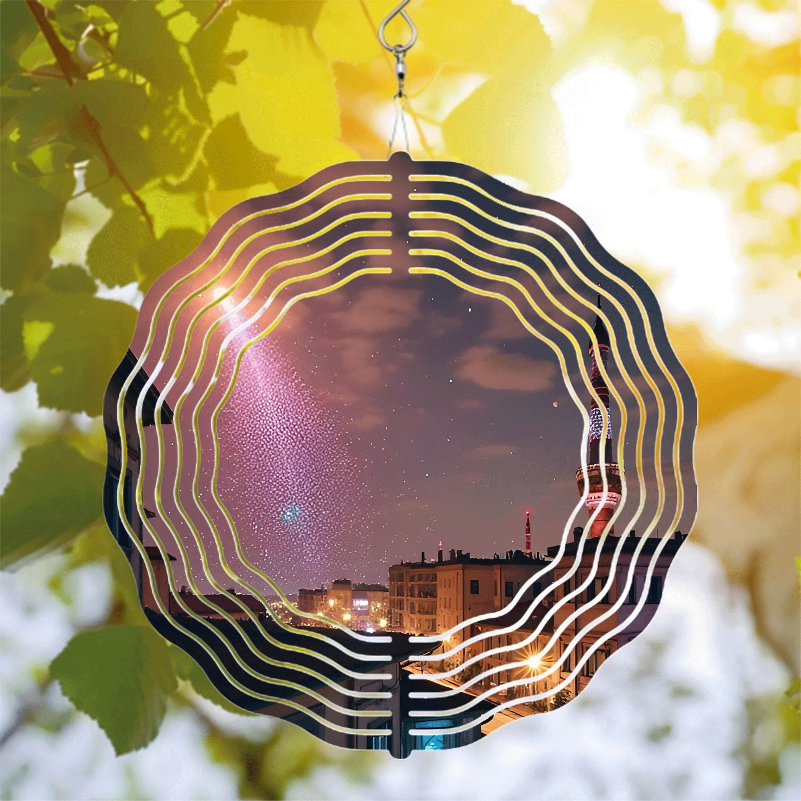 Vibrant Metal Hanging Wind Spinners & Chimes - Colorful Starry Pattern Design