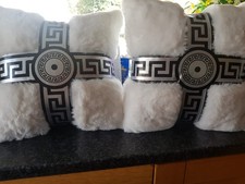 Pair Of White Faux Fur Cushions With Greek Keyboard Motif 45x45cm