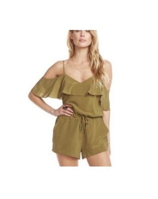 Chaser 100% Crepe de Chine Silk Olive Cold Shoulder Ruffle Romper Women s Size L