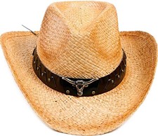 LIVINGSTON MEN WOMEN'S WOVEN STRAW COWBOY HAT W/HAT BAND - BEIGE/BROWN
