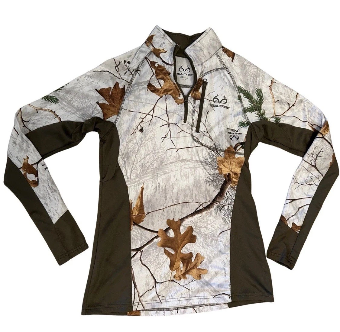 Realtree APC Snow Camo 1/4 Zip Performance Shirt Womens Small Hunting Base Layer