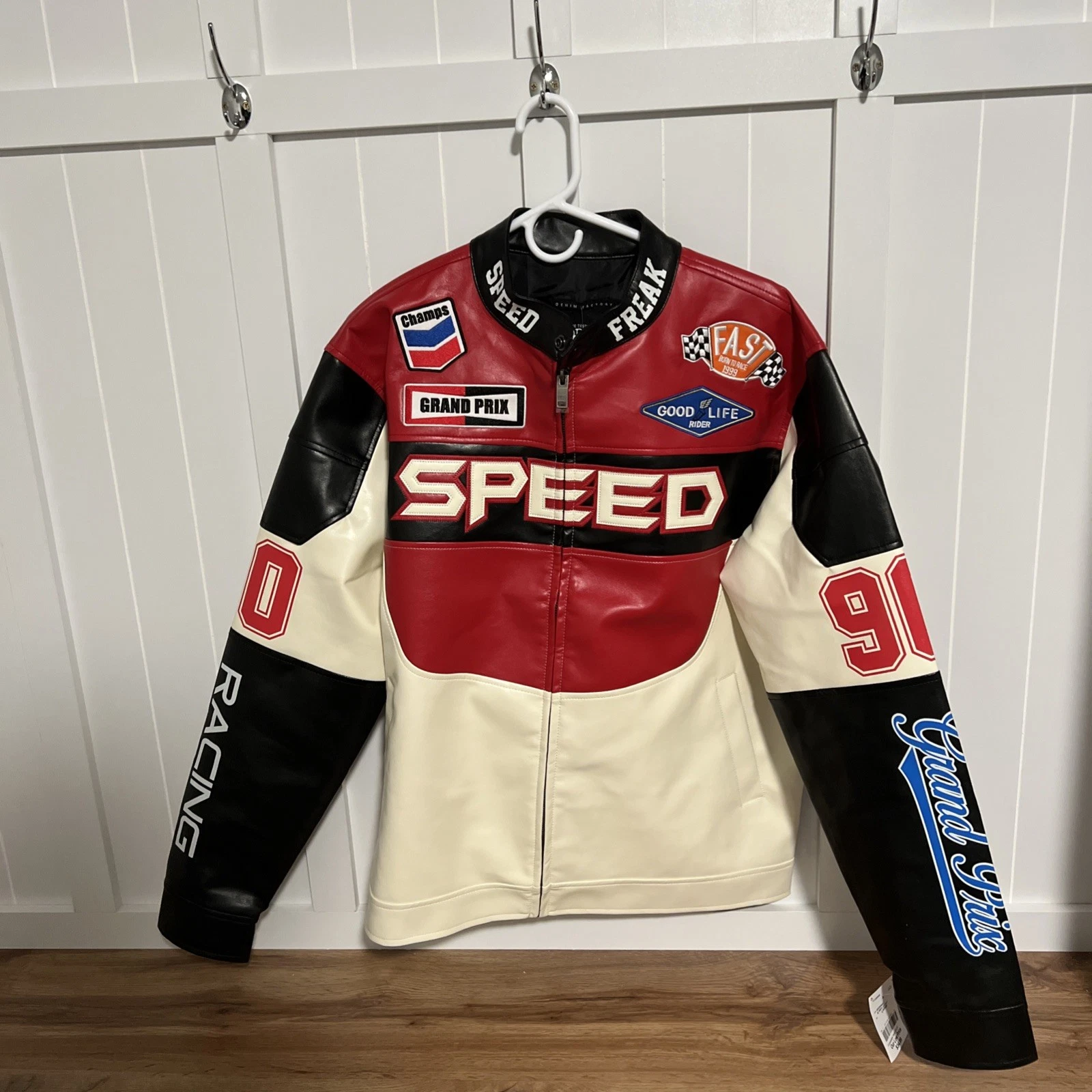 Team Speed Freak PU Men's Copper Rivet 90 Red Racing Jacket Sz Large NWT Zipper image 1