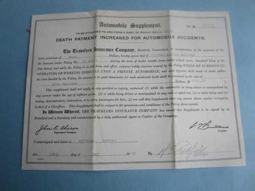 1920 - Travelers Insurance co. - AUTOMOBILE SUPPLEMENT - Policy Document - MONT.
