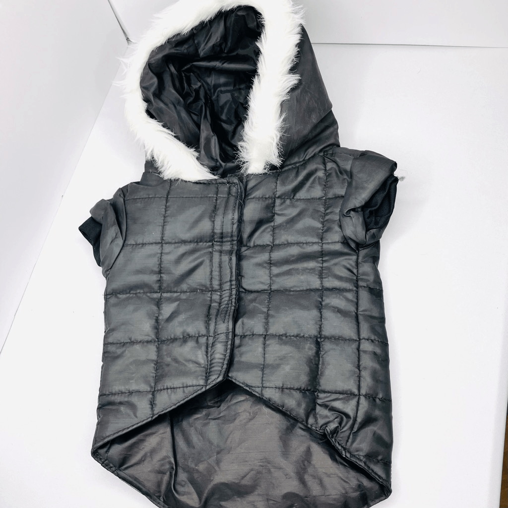 Small Dog Puffer Sleeveless Vel cro Fastened Fur Hoodie In Black