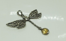 Vintage Silver Tone Dragonfly Pendant w/ Yellow Smoky Amber Colored Stone 2"