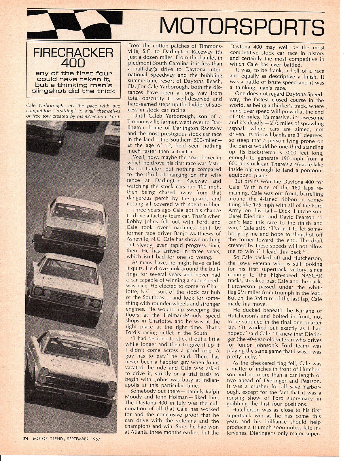 1967 FIRECRACKER 400 NASCAR RACE / CALE YARBOROUGH WINNER (FORD) ~ ORIG ARTICLE