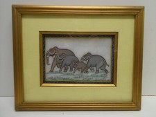 ASIAN PAINTING ON MARBLE ELEPHANT FAMILY EASTERN WOODEN FRAMED PANEL