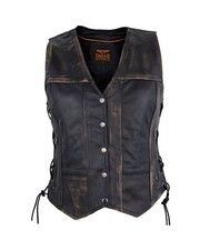Distressed Brown Women's Leather Motorcycle Concealed Side Zipper Biker Vest