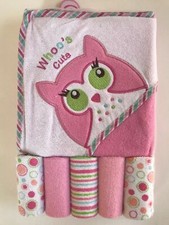 BABY INFANT GIRLS BATH HOODED TOWEL w WASHCLOTHS, 6 PC SET -WHOO'S CUTE Pink Owl