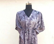 Indian Gray Shibori Kaftan Summer Bikini Cover Up Plus Size Maxi Beach Dress US