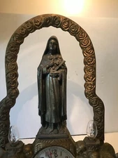 ANTIQUE CATHOLIC HOME ALTAR SHRINE TO ST. THERESE OF LISIEUX, W/ CLOCK & LIGHTS