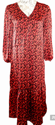Next-UK 12 EU 40 Neu mit Etikett Rosenmuster Maxi V-Ausschnitt Kleid schwarz orange Rüschen unten