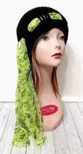 crochet womans handmade scarf hat beanie chemo woman paisley green black