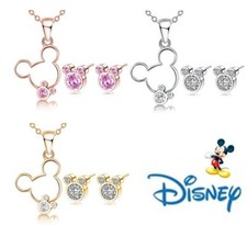 Girls Disney Mickey Mouse Ears Silver CZ Stud Earrings  Pendant Necklace Set