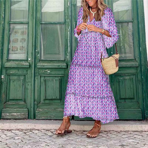 Loose Dress Women Ladies Beach Holiday Sundress Print Maxi Dress Fashion Boho - Picture 28 of 30