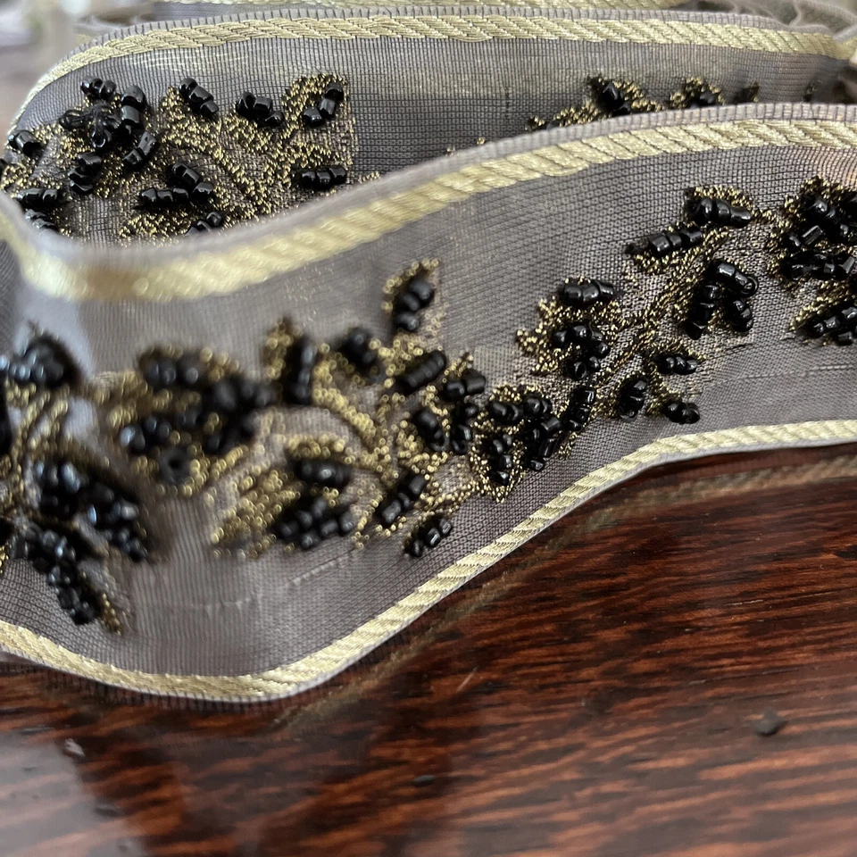 ELEGANT BEADED RIBBON 3 YARDS PLUS BLACK GOLD 1 3/4" WIDE GOLD EMBROIDERY   - Image 2 of 4