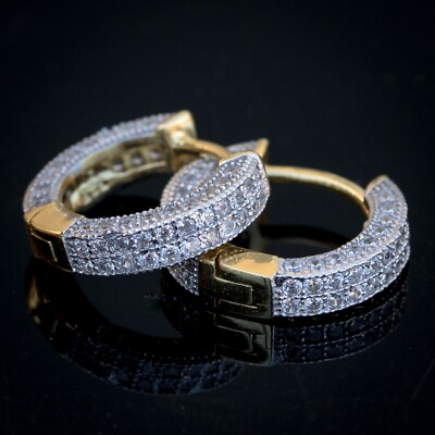 Men s Small Two Tone Gold Plated Sterling Silver Post Iced Cz Hoop Earrings