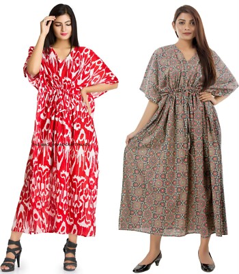 2 PC Set Indian Block Print Cotton Kaftan Long Maxi Dress Indigo Caftan Gown