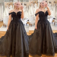 Gothic Black Wedding Dresses Off Shoulder Sweep Train Lace Applique Bridal Gowns