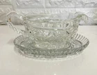 Vintage Beautiful Pressed Glass Gravy Boat And Saucer Set Depression Glass