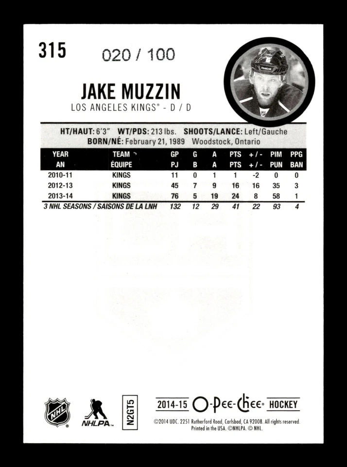 3-11-18 PWE READ . 2014-15 opc o-pee-chee black /100 #315 jake muzzin (A) - Image 2 of 2
