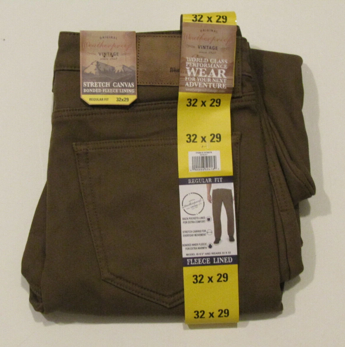 WEATHERPROOF Wheat Tan Brown Stretch Canvas Pants Fleece Lined 40 W 29 L