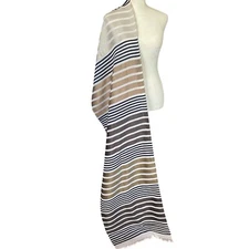 Women's neutral colored striped rectangle scarf wrap shawl fringed edges 74" L