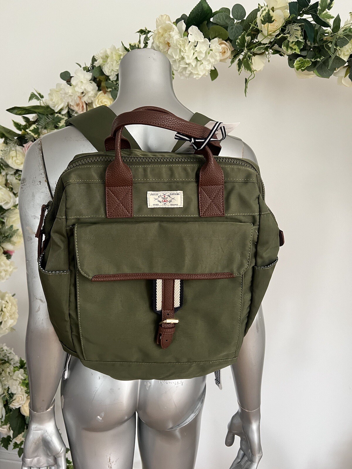 JOULES Ladies Wells Backpack Rucksack Khaki Canvas Framed NEW FREEPOST