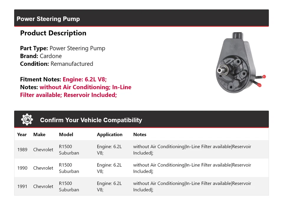 Bomba de dirección asistida Cardone 1990 para Chevrolet R1500 Suburban 1989-1991 6,2 L V8 Foto 2 de 4