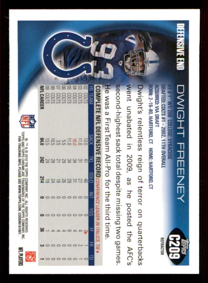 2010 Topps Chrome Refractors #C209 Dwight Freeney - Image 2 of 2
